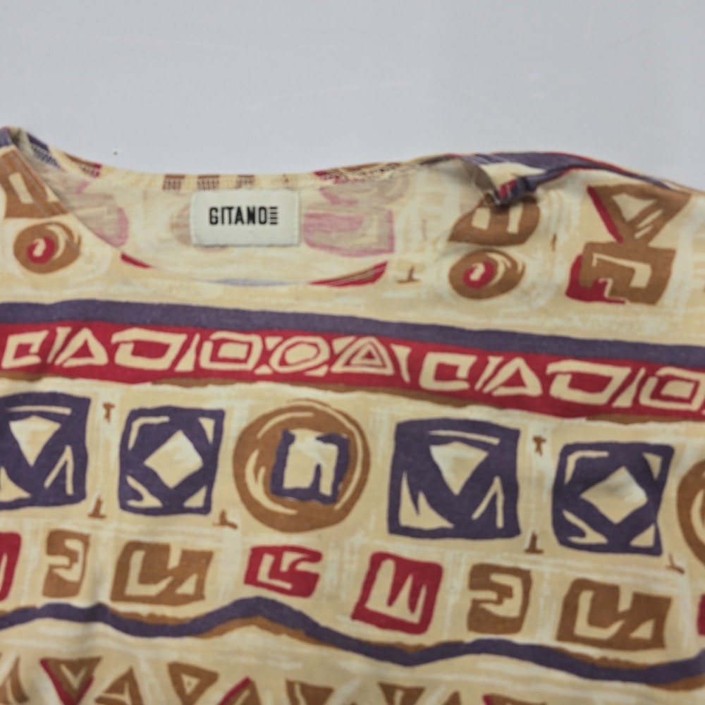 Vintage Gitano Tribal Abstract Geometric Print T-Shirt Tan Red Blue Mens XL‎ - Picture 2 of 4